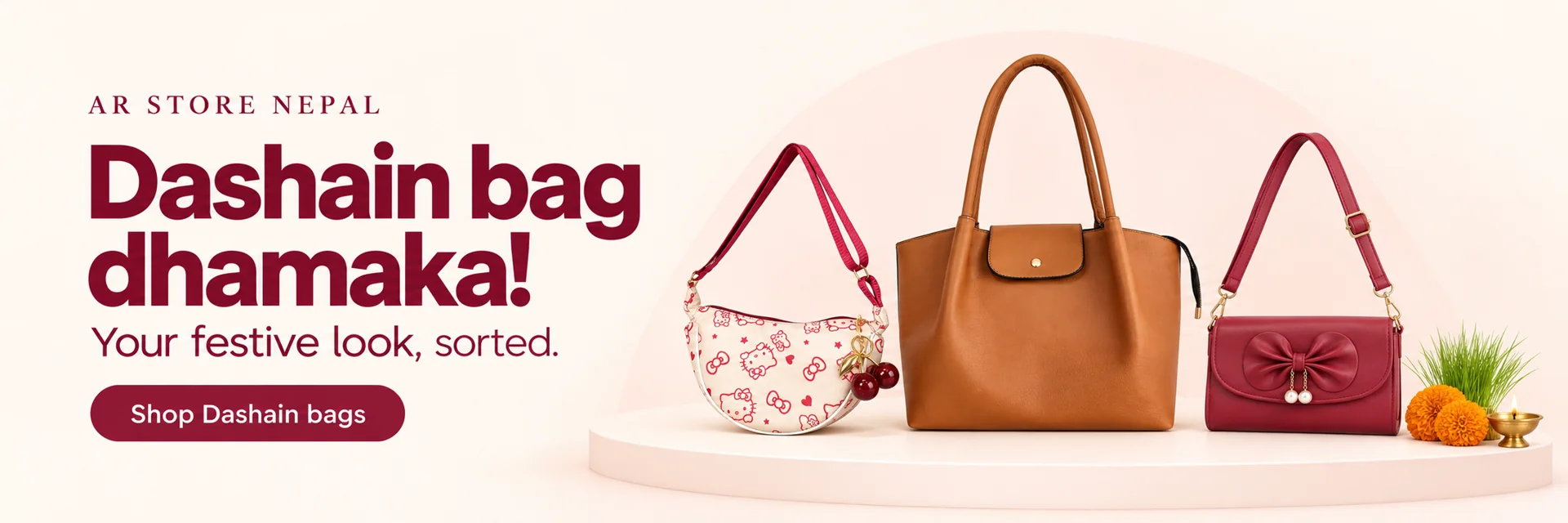 AR Store Nepal Dashain bag dhamaka. Hello Kitty bag, tan Maya Tote and burgundy Two Pearl Bow bag with minimal Dashain decorations. Shop Dashain bags.